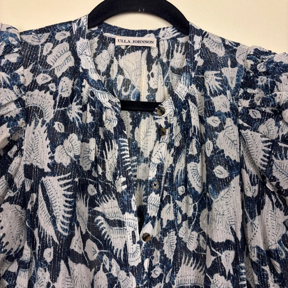 ULLA JOHNSON Adina Long Sleeve Button-Down Blouse Indigo Blue Gold Women‎ Size 0